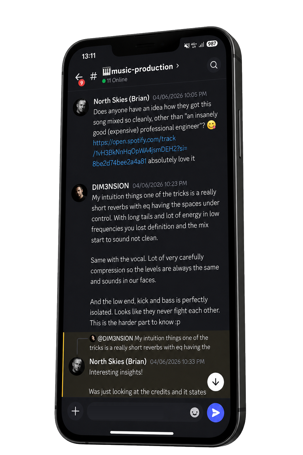 Discord music production community chat on a smartphone