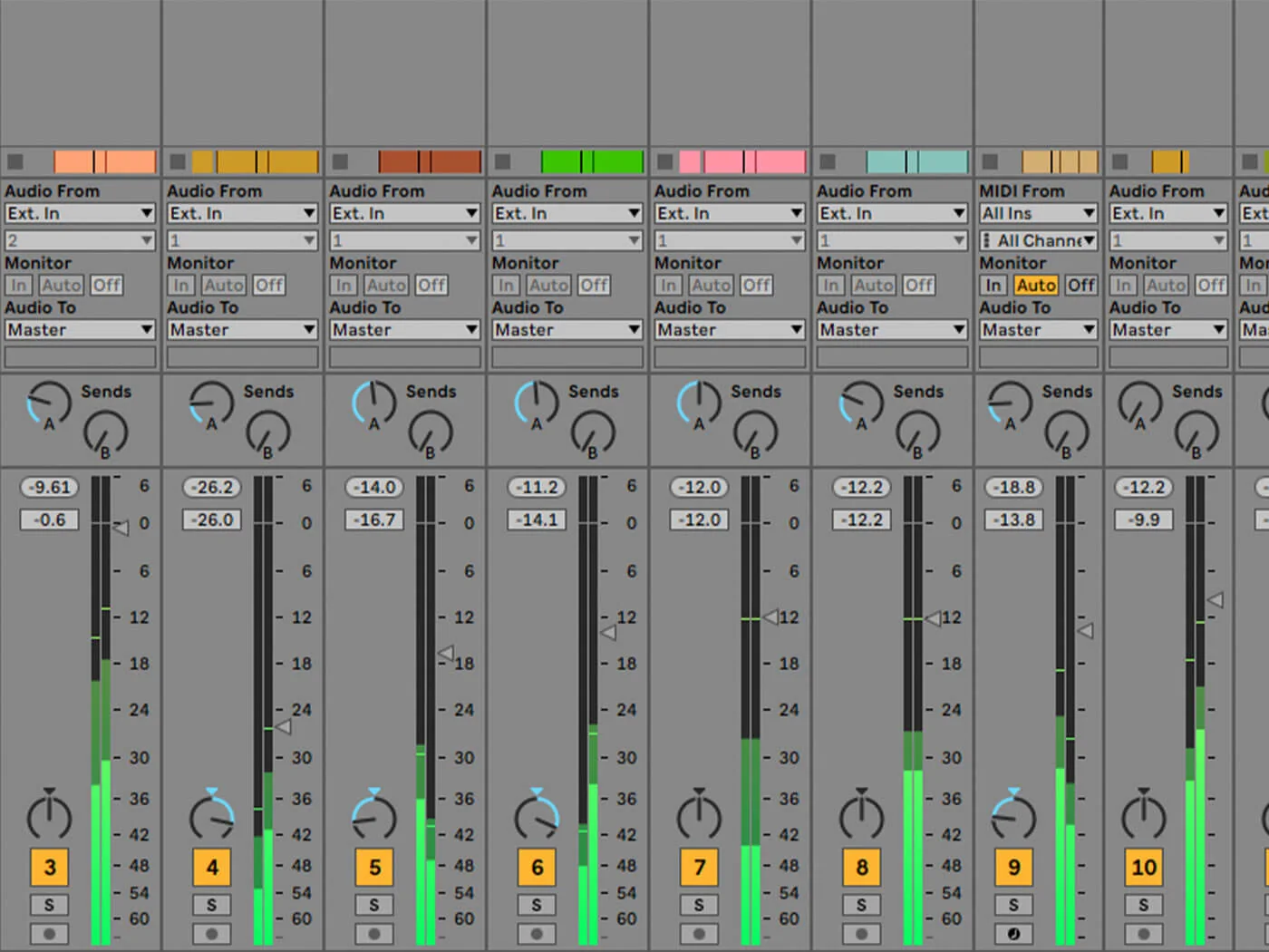 Ableton Live mixer view with multiple channel faders and level meters