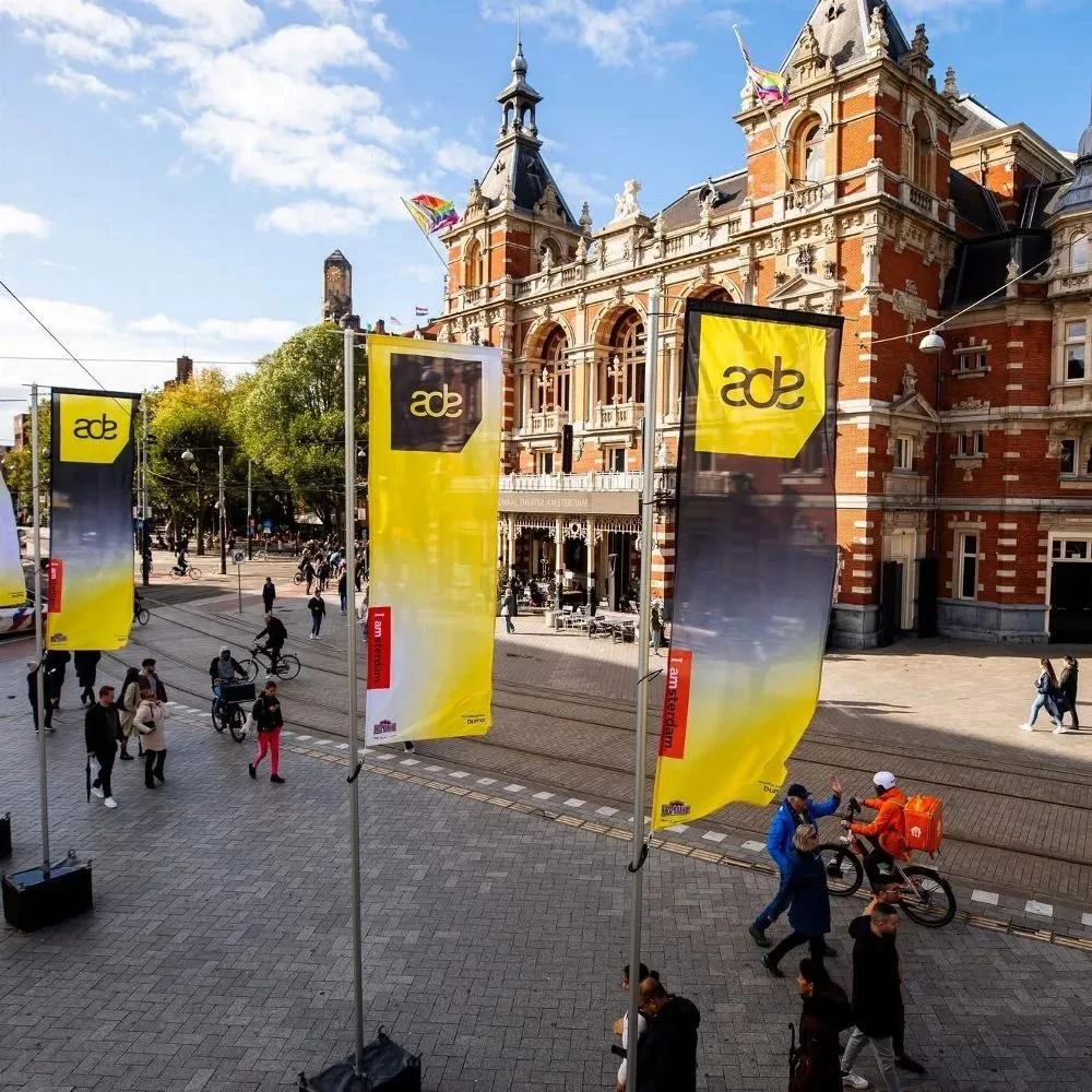 Yellow ADE flags outside Internationaal Theater Amsterdam