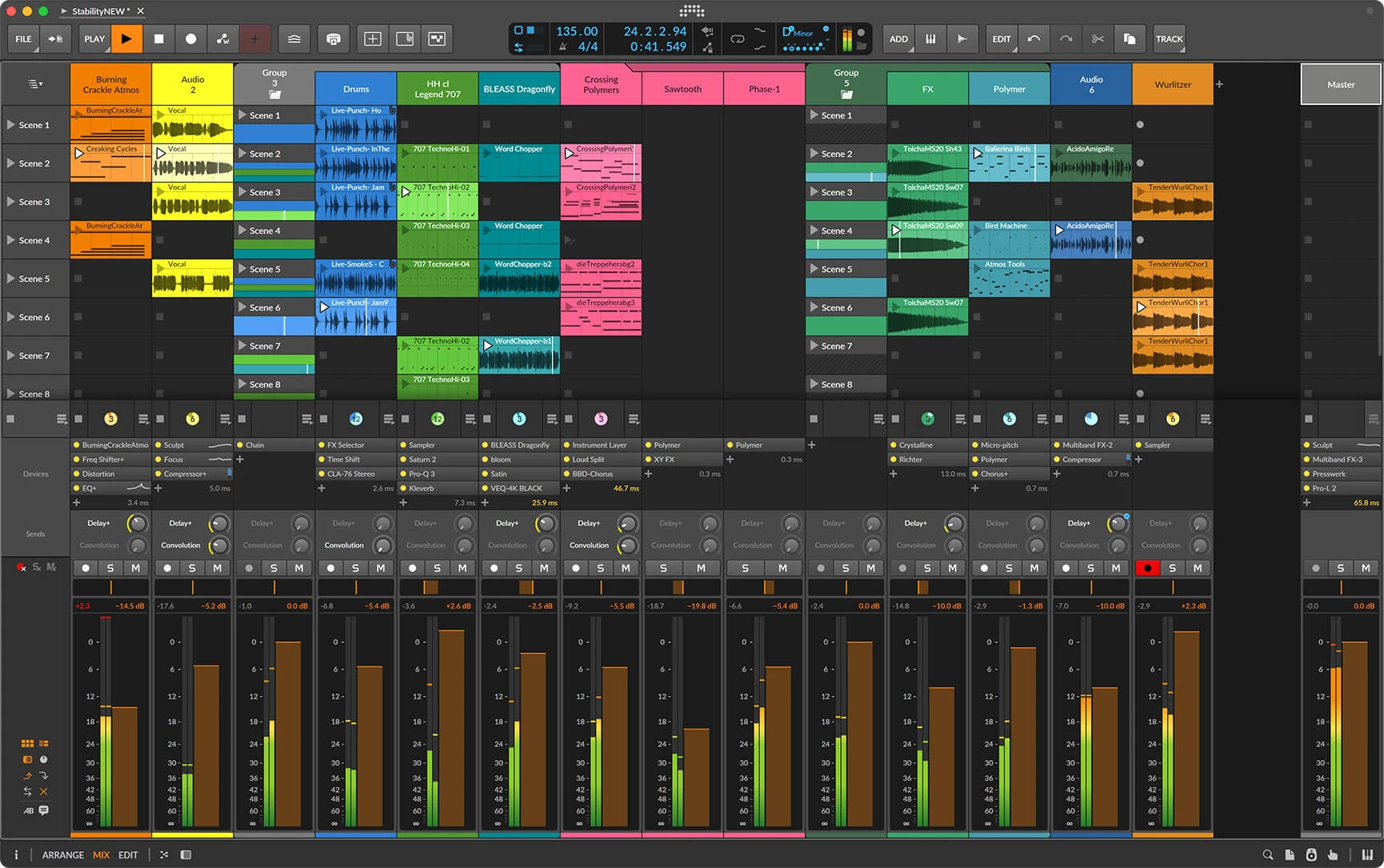 Bitwig Studio session view and mixer with colourful clips and device chains