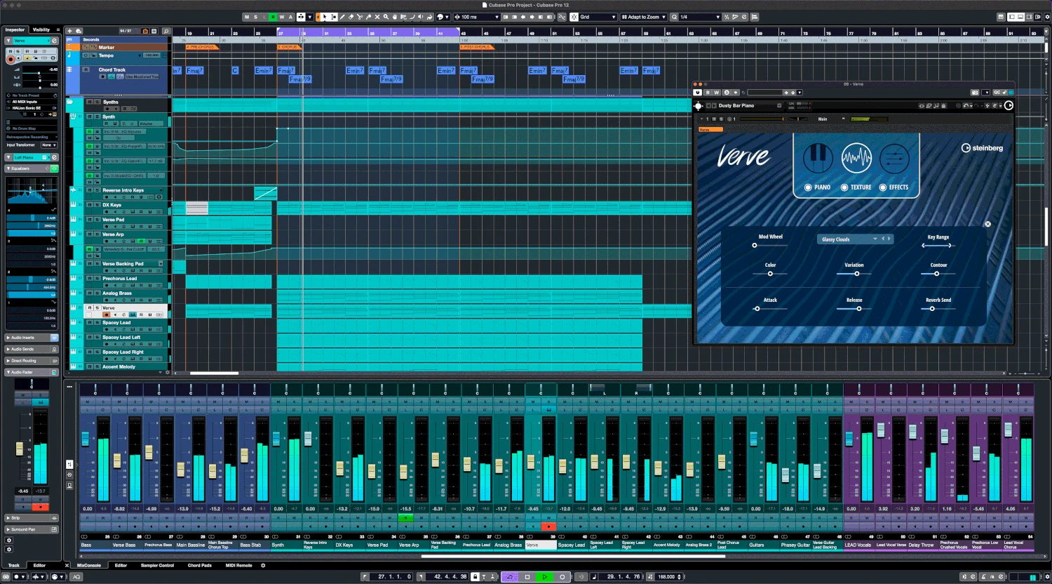 Cubase project window with tracks, mixer channels and an instrument plugin