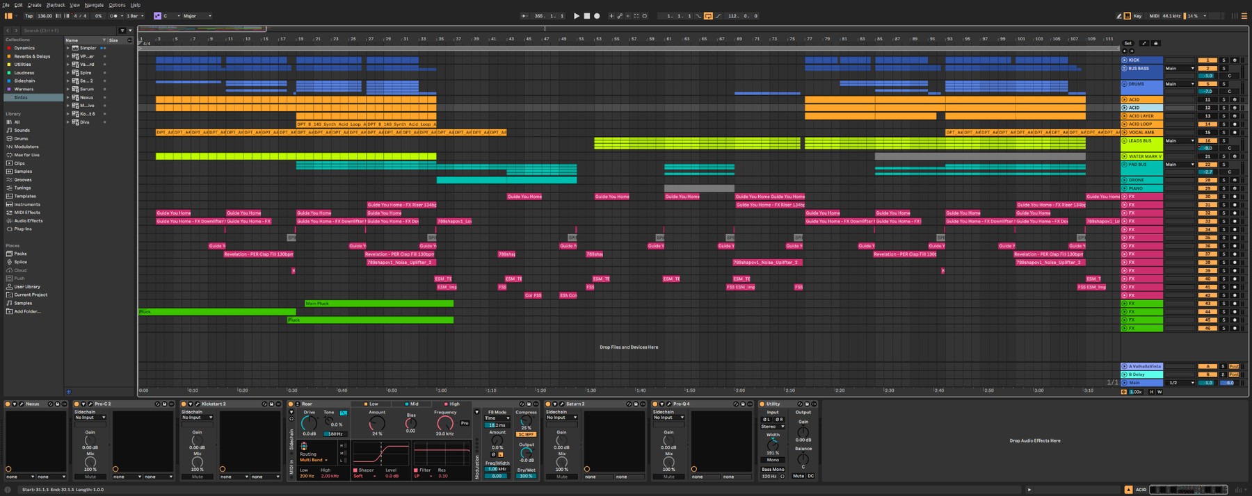Ableton Live screenshot showing a full electronic music arrangement