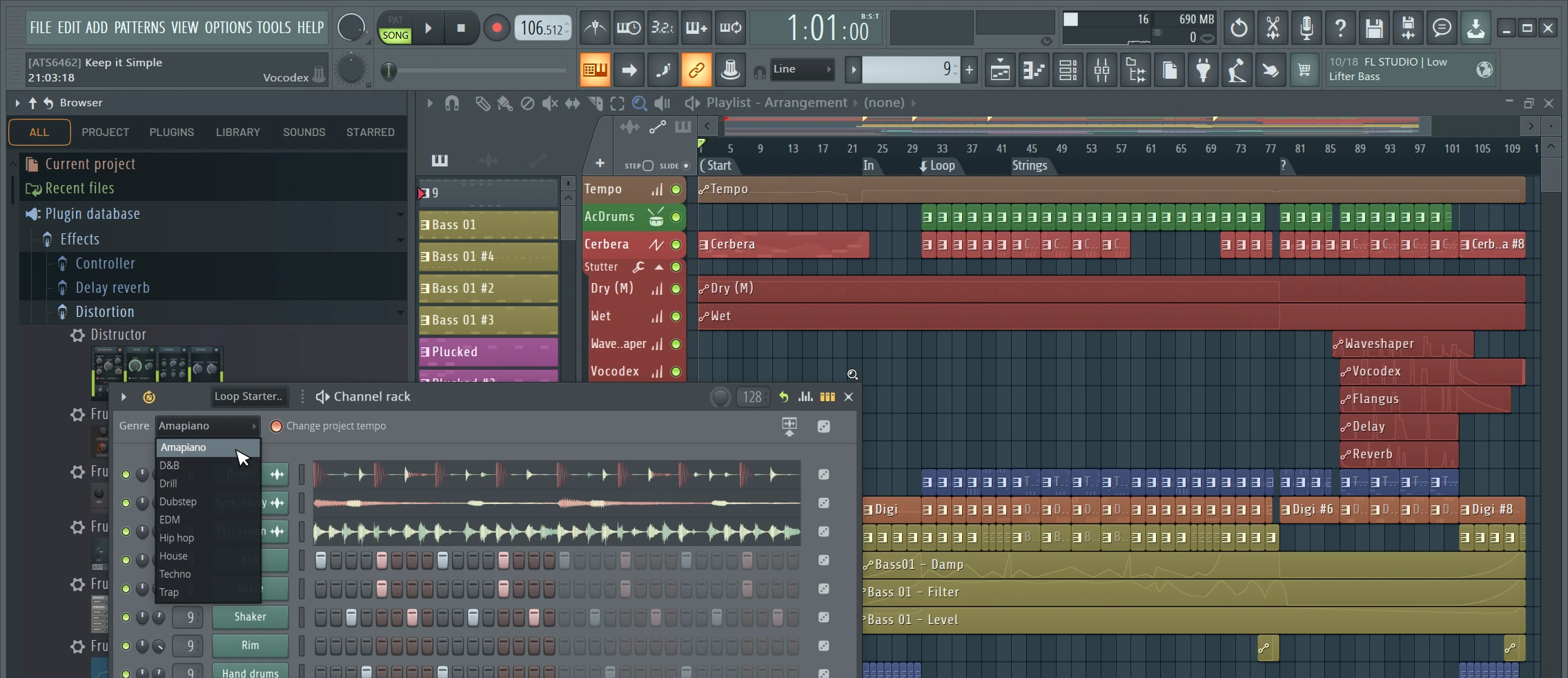 FL Studio playlist and channel rack showing a music production project