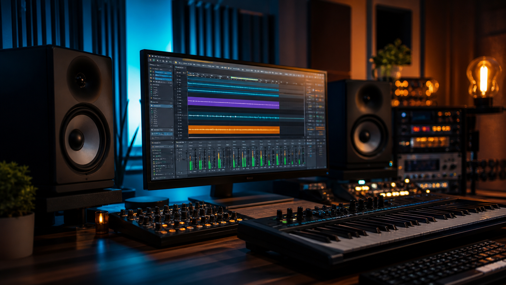 Electronic music production studio with monitor, speakers and audio equipment
