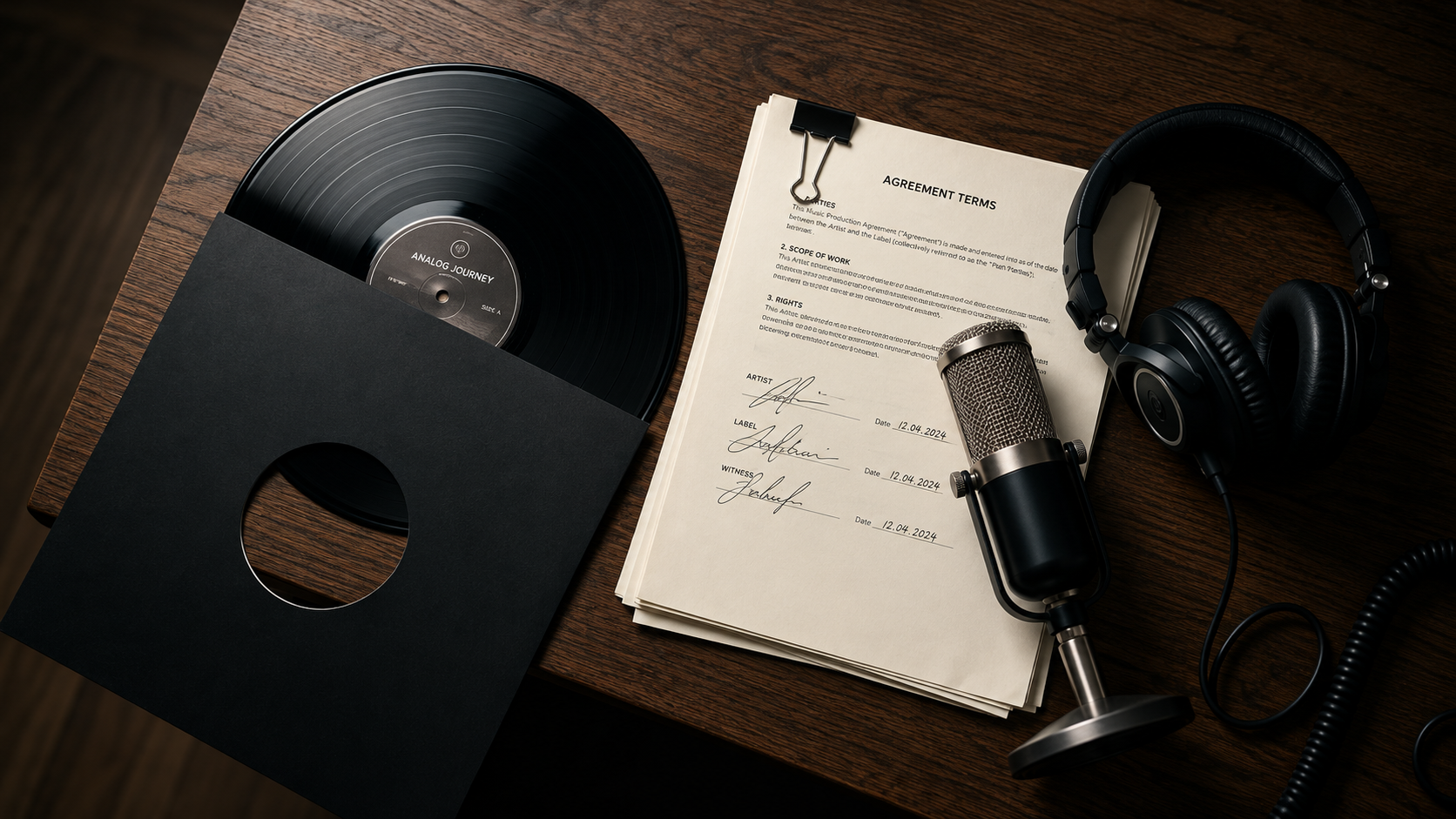 Vinilo, contrato musical, micrófono y auriculares sobre una mesa de estudio