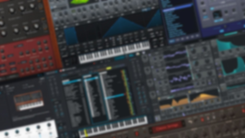 Blurred collage of music production plugin interfaces