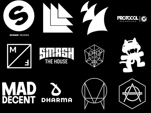 Record label logos on a black background