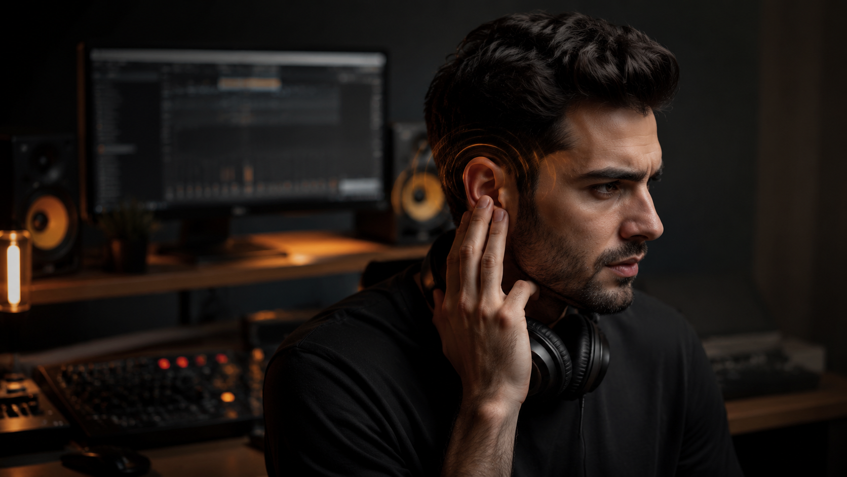 Music producer in a studio holding one ear while noticing a ringing sound