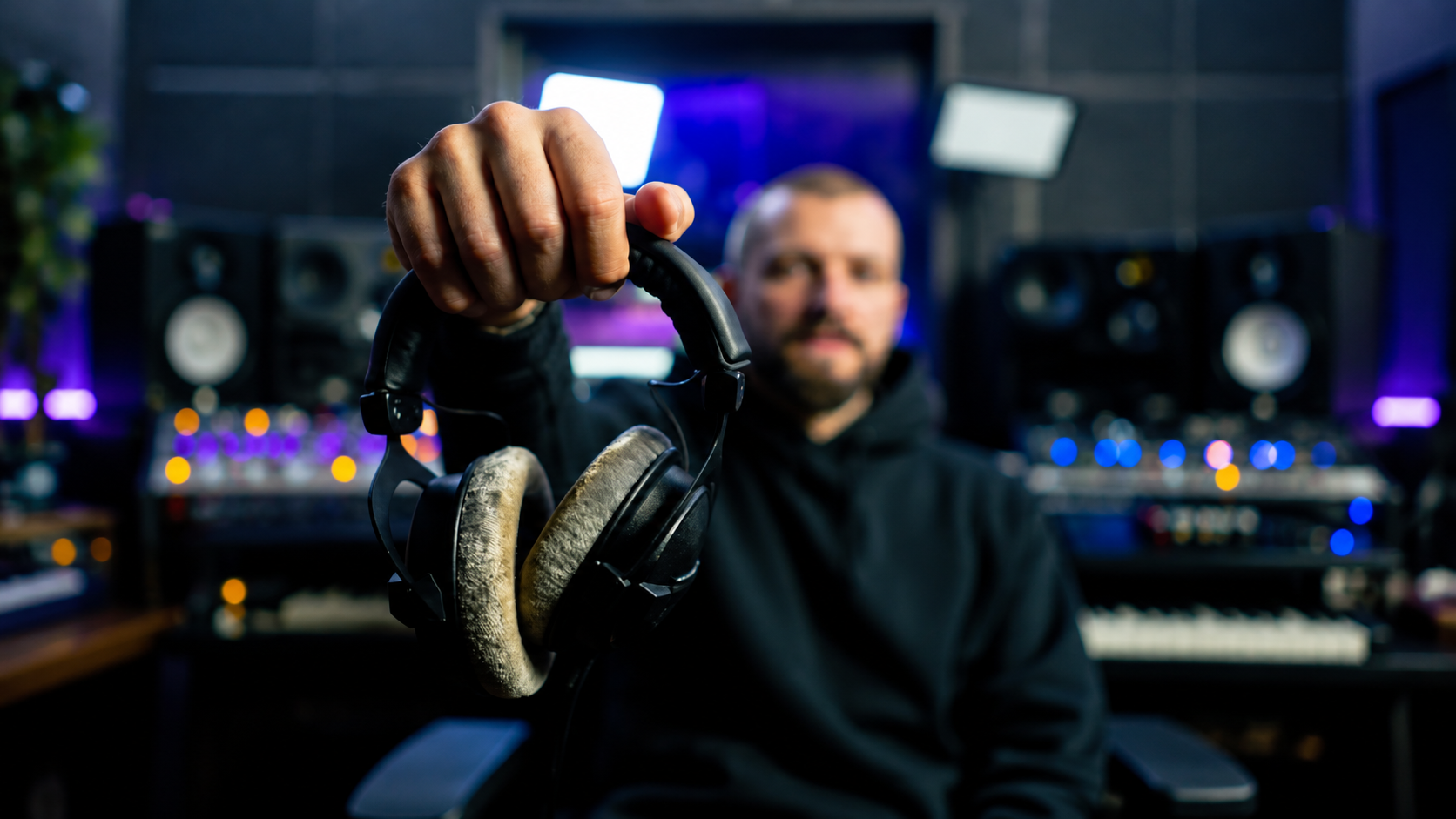 Music producer holding headphones in a studio
