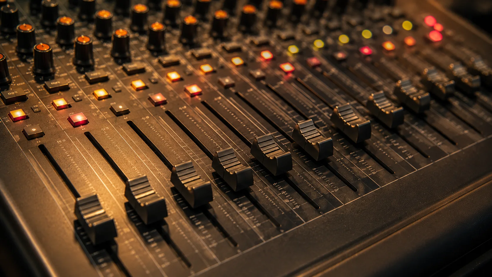 Close-up of an audio mixing console with faders and warm studio lighting